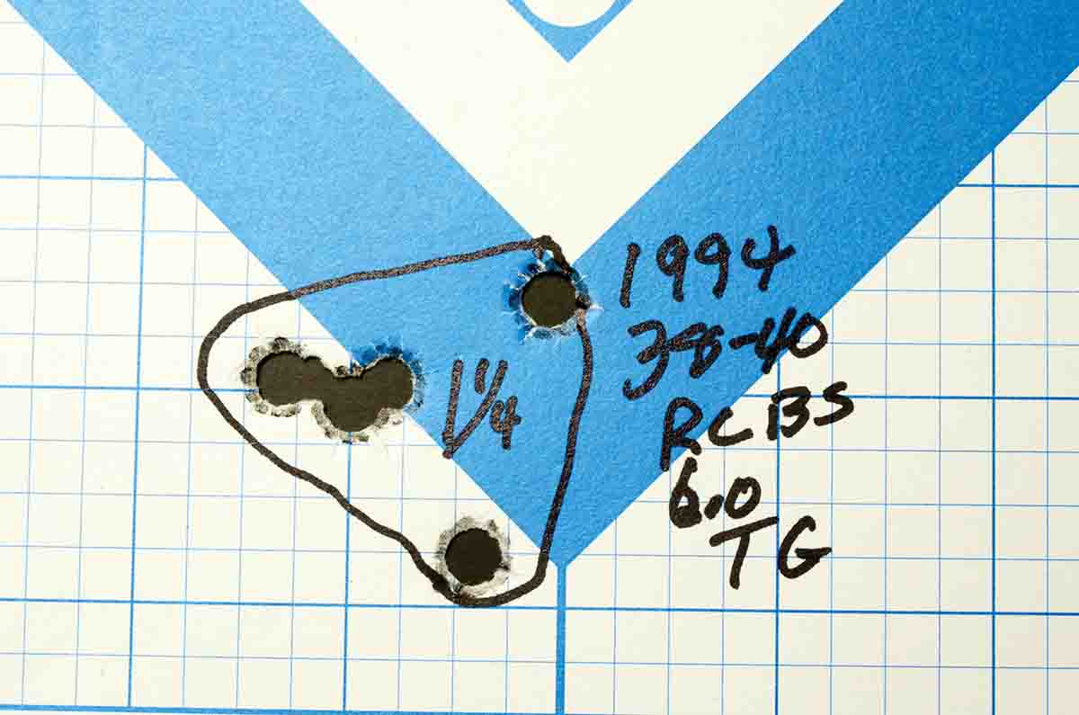 This is one of the better 25-yard groups fired with the 1994 Colt SAA .38-40 from a machine rest.